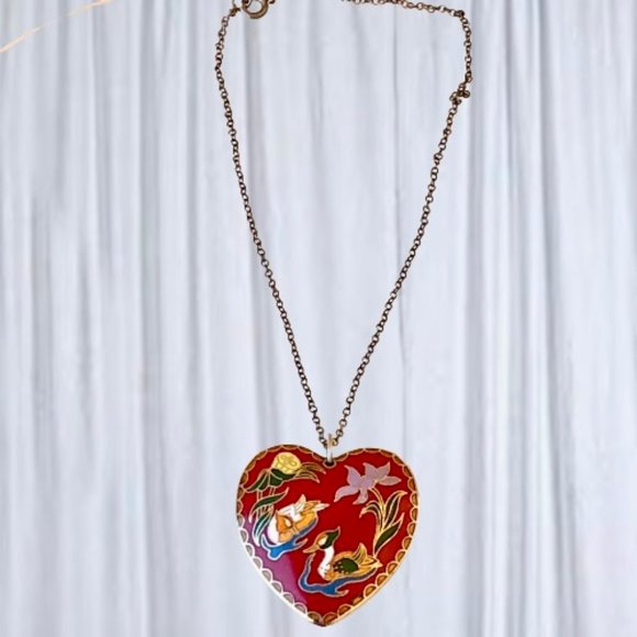 Vintage Cloisonne Large Heart Puffy Double Sided Enamel Pendant Necklace Red Blu - Picture 4 of 16